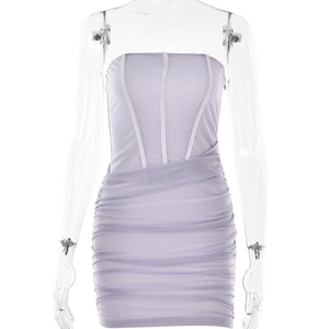 Light purple strapless mini dress with white piping and ruched skirt design for women