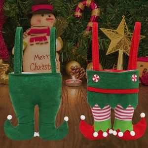 Christmas elf pants gift bags with green felt and striped patterns for holiday candy