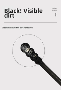 Detail of 2-in-1 black cotton swab showing cleaning effect with the spiral tip head