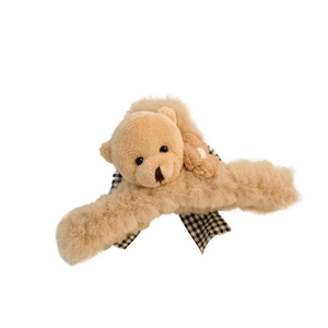 Cute brown plush bear hair claw clip with checkered bow tie for women's winter styling