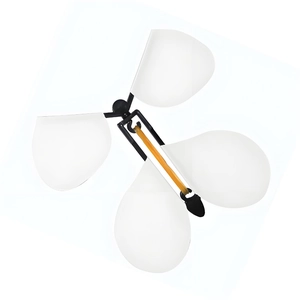 Close-up of a white flying butterfly magic toy with elastic band and black plastic frame