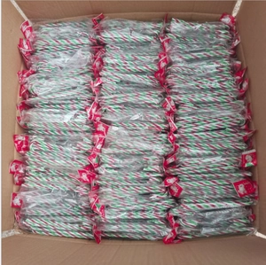 Bulk red white and green striped acrylic Christmas candy cane ornaments in a factory box