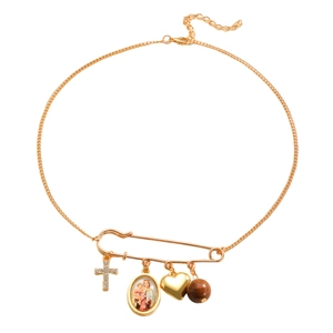 Vintage gold paperclip necklace with religious medals, cross, heart, and wood bead