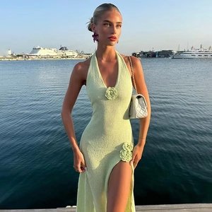 Women Halter Backless Knit Maxi Dress With 3D Floral Decoration Deep V-neck Side Slit Slim Fit Summer Vacation Party Long Dress