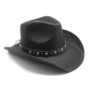 Detail of black straw cowboy hat featuring turquoise beads and silver metal studs on band