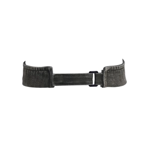Detail of adjustable strap on washed grey denim sun visor with reinforced stitching
