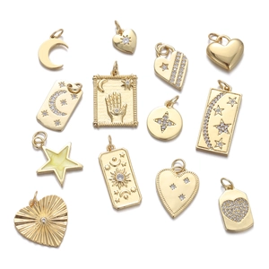 Celestial Star Moon Heart Hamsa Hand Pendant Copper Gold Plated Cubic Zirconia Charm Jewelry Making DIY Necklace