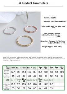 Detailed size chart for minimalist S925 sterling silver ring showing inner diameter and girth