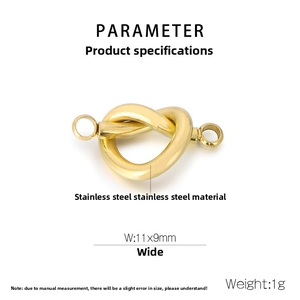 Detail of a gold stainless steel heart knot connector with 11x9mm dimensions and 1g weight