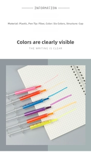 Detail view of six colorful syringe highlighters on a grid notebook with bright ink strokes