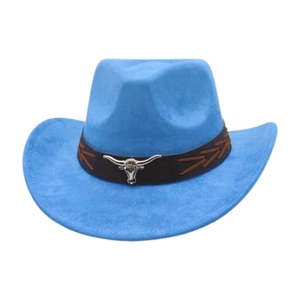 Western Cowboy Hat Faux Suede Vintage Wide Brim Bull Head Ornament Retro Ethnic Jazz Hat Unisex Outdoor