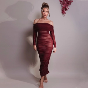 Detailed close-up of the burgundy mesh off-shoulder dress with elegant ruched texture and slim fit