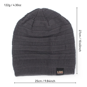 Men's winter knit beanie in charcoal grey with size guide and ribbed texture details