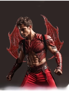 Detail of red dragon armor set with textured scale wings and cosplay body armor for men