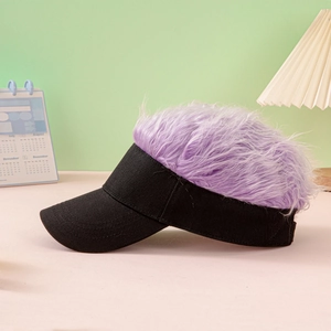 Detail of creative hip-hop baseball cap with purple synthetic hair on black visor