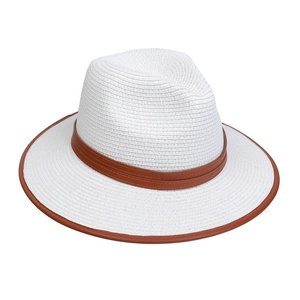 Detail of white woven straw fedora featuring a stitched brown leather belt band trim