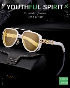 Close-up of retro white punk sunglasses with gold accents on a black leather case