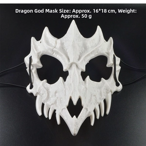 Detail view of white Dragon God skeleton mask with 16x18cm dimensions and black strap