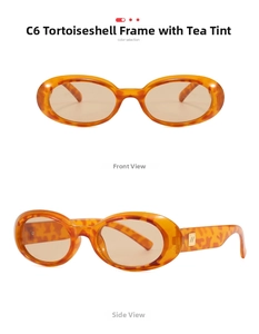 Front and side view of oval tortoiseshell sunglasses with brown lenses and metal detail