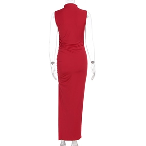 Rear view of sleek red bodycon dress featuring high neck and side ruched detailing