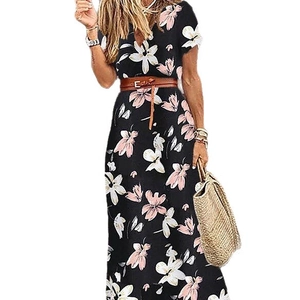 Bohemian V-neck floral maxi dress in black with pink flowers and a brown waist belt
