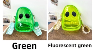 Detail view of clear PVC jelly crossbody bags in green and neon green with cartoon eyes