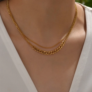Fashion double layer gold plated titanium steel necklace with thick chain on model
