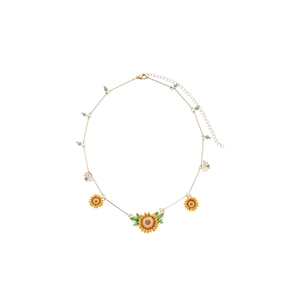 Golden sunflower and bee necklace set with enamel charms and turquoise beads