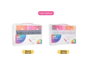 Detailed comparison of 120 colors dual-tip watercolor markers in black and white barrels