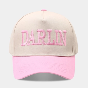 Pink and beige trucker hat with DARLIN 3D embroidery and stylish contrast color stitching