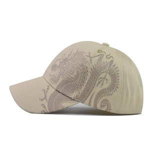 Beige cotton baseball cap featuring a detailed grey Chinese dragon print on the side profile