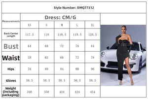Detailed size chart for black sequin tube evening dress with mesh gloves dimensions