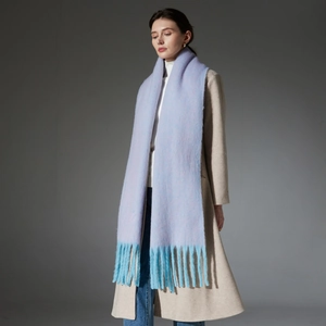 Light blue long knit scarf with chunky tassels for women, soft winter shawl wrap