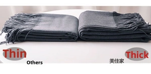Close-up showing the density of thick cashmere-like scarves with fringe in dark and mid grey