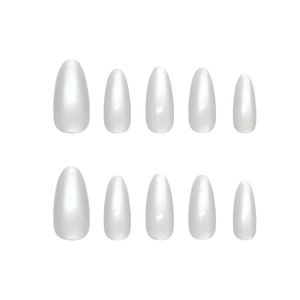 Handmade almond press-on nails in elegant smoky grey and milky white pearlescent finish