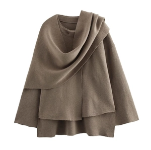 Women's asymmetrical knit crop cardigan with layered shawl collar in dark brown coffee