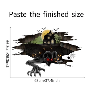 Detailed size chart for 3D Halloween wall decal featuring a spooky house and monster