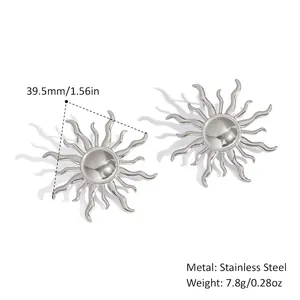 Detailed view of silver stainless steel sunburst earrings with size and weight specs