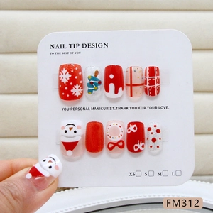 Christmas snowman press-on nails with red snowflakes and festive tree patterns