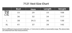 Size chart table for sports yoga vest showing bust and length measurements in cm