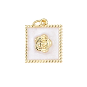 Elegant gold square charm with white enamel and golden rose pattern, jewelry accessory