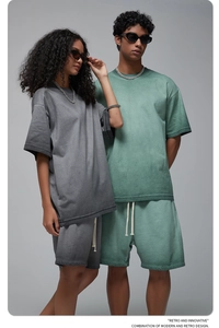 Macro detail of high-quality washed cotton fabric on retro oversized T-shirt and shorts set