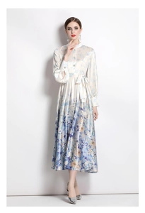 Detail of satin floral maxi dress with mandarin collar and blue-purple gradient print