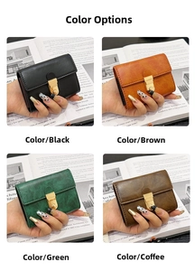 Detail view of the secure metal buckle closure on four vintage PU leather card wallets