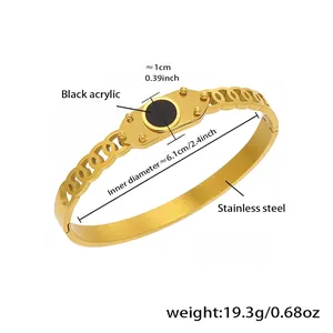 Detail view of 18k gold plated stainless steel bangle with black acrylic inlay dimensions