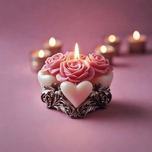 Bougie cœur roses roses avec socle sculpté vintage pour déco et cadeaux DIY