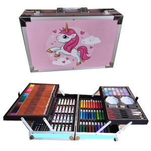 Pink unicorn aluminum case art set featuring professional pencils and watercolor paints