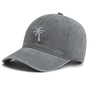 Unisex dark grey washed cotton baseball cap with white embroidered coconut tree