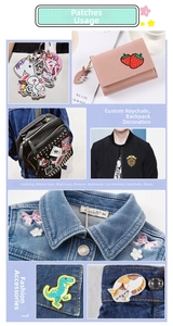 Detailed views of diverse cartoon sequin patches applied on bags and denim jackets