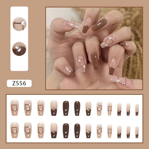 Glossy brown and nude press-on nail set with square gems and Z556 geometric design